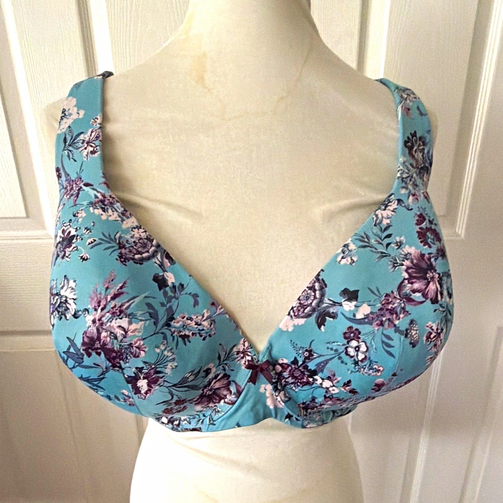 Catherines Intimates 44DD Blue Floral Underwire Padded T-Shirt Bra Wide Strap